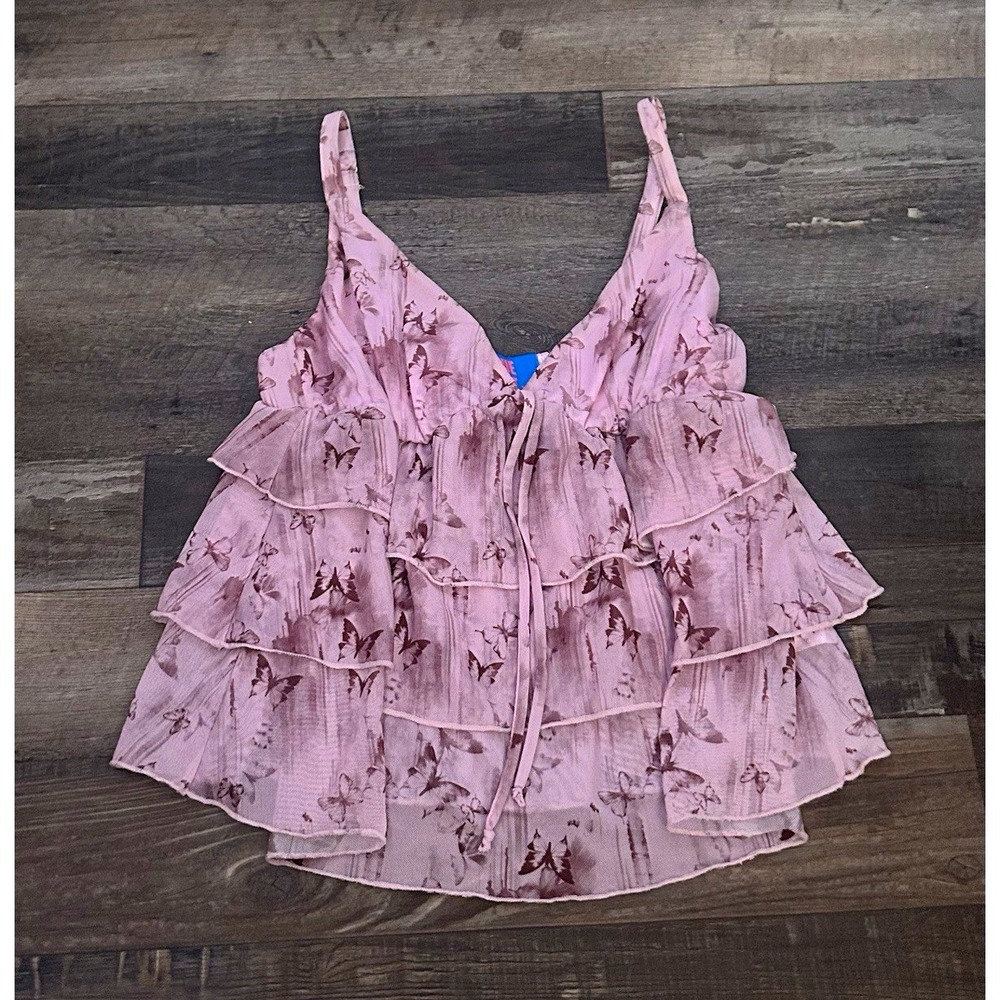 Blue Riot XO Women's Pink Butterfly Mesh Ruffle Strap Camisole Tank Top Size S